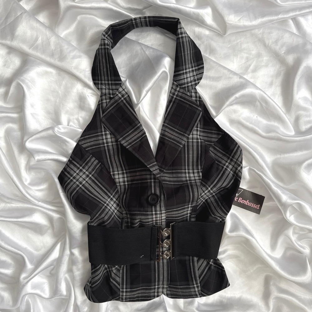 Joe Benbasset Plaid Halter Vest Top Grey Black Belted Waistcoat Medium NWT